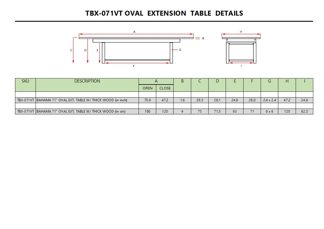 BAHAMA 71″ OVAL EXTENSION TABLE EXTRA THICK