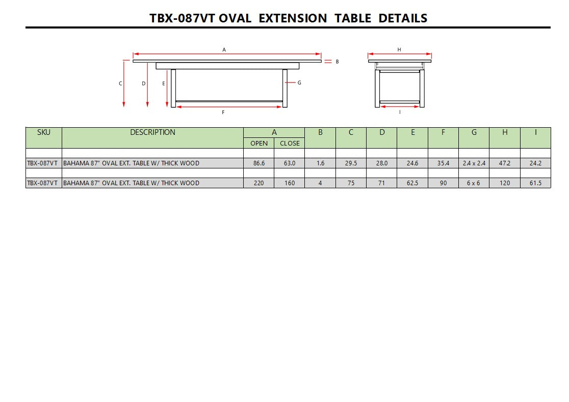BAHAMA 87″ OVAL EXTENSION TABLE EXTRA THICK
